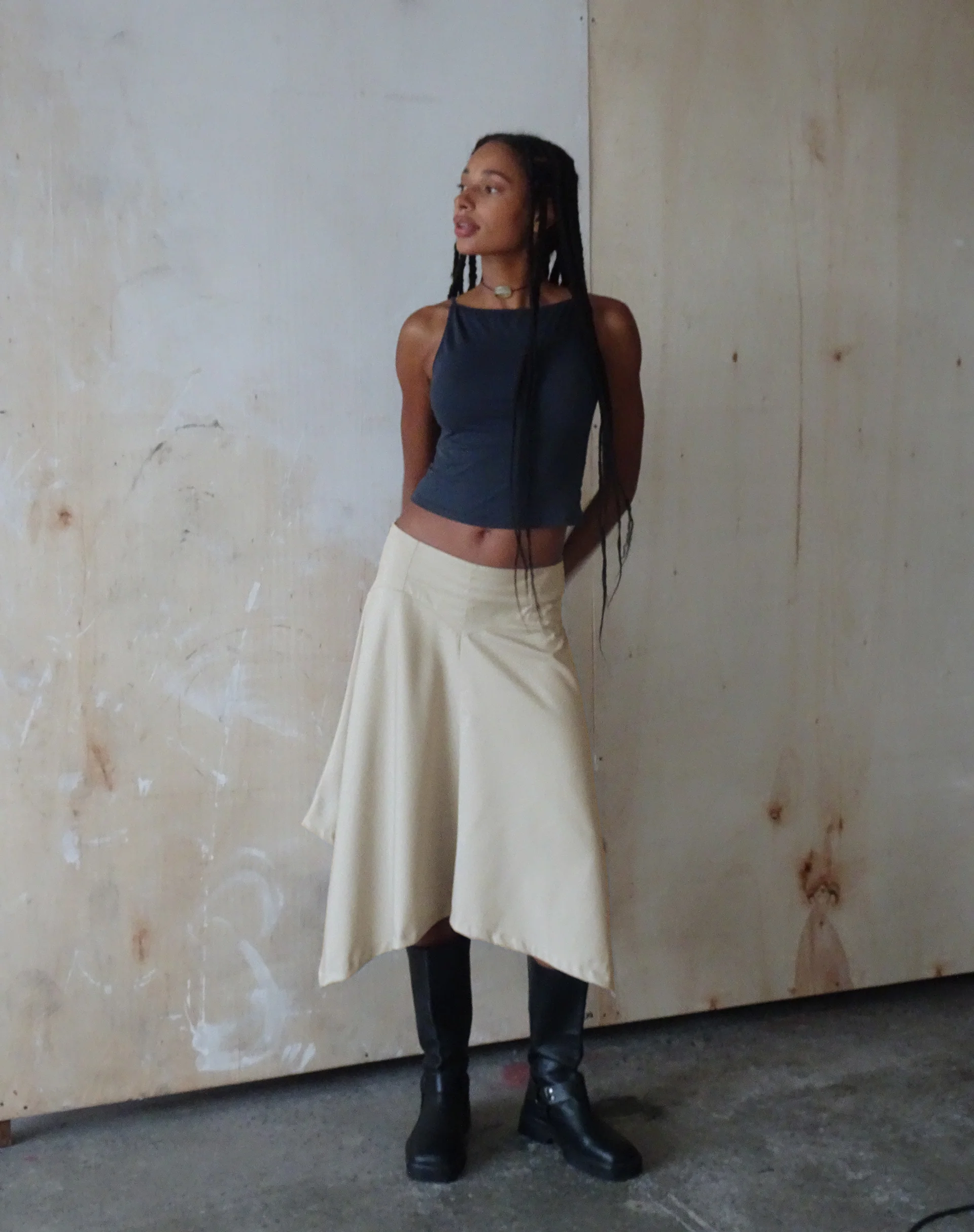 MOTEL X JACQUIE Karsyn Asymmetric Midi Skirt in Oat - Image 2