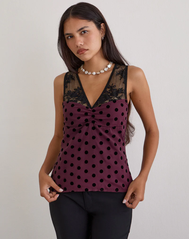 Kasia V-Neck Top in Vintage Polka Maroon - Image 3