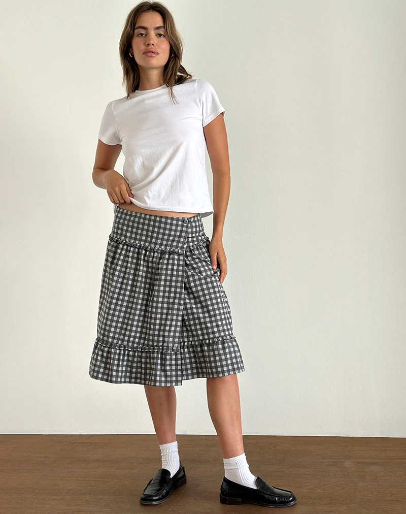 Kasya Midi Skirt in Tonal Gingham Black and Grey - Image 3