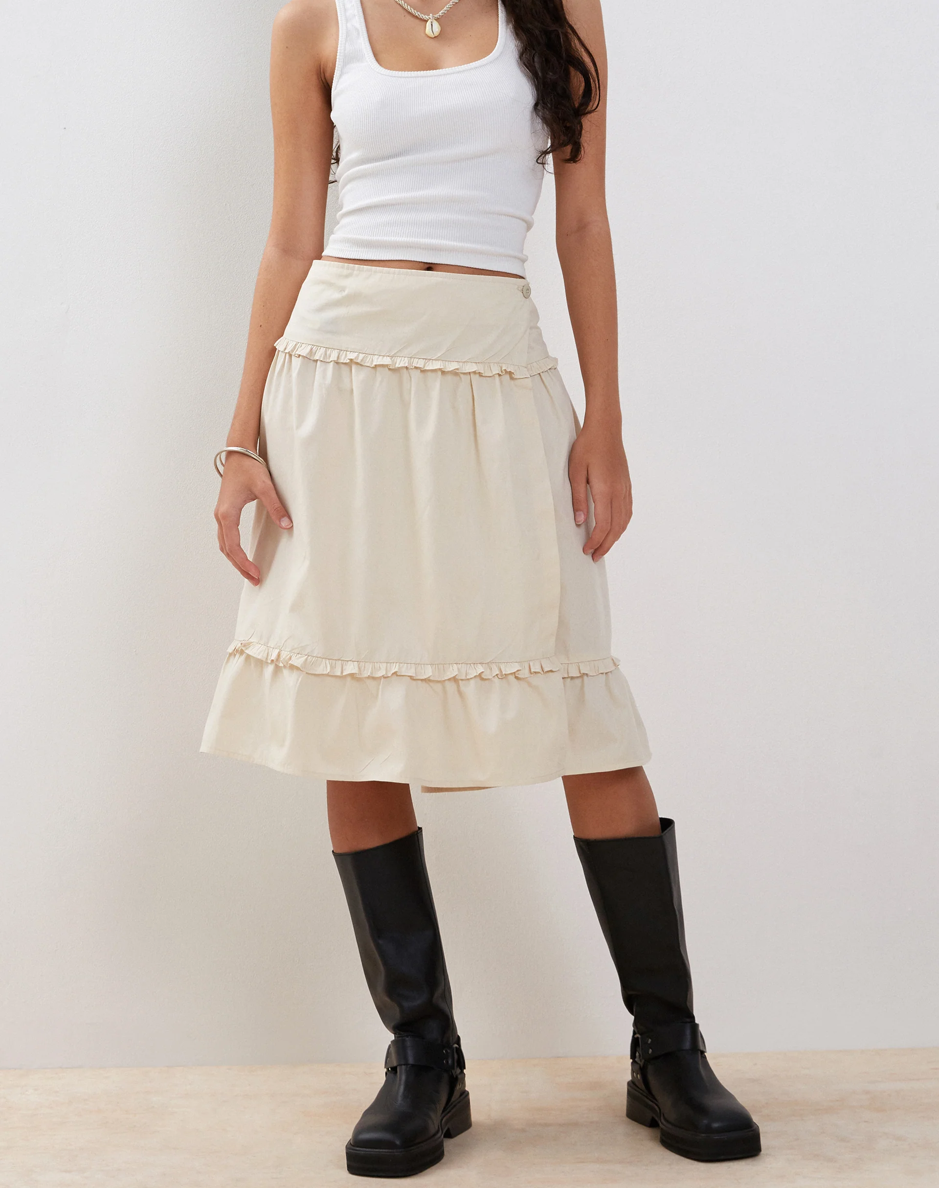 Kasya Frill Hem Midi Wrap Skirt in Ivory - Image 3