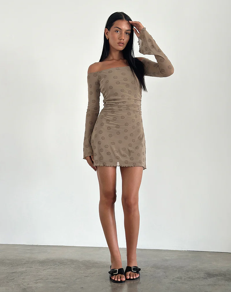 Kausar Off Shoulder Mini Dress in Daisy Flock Light Brown - Image 2