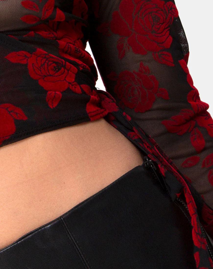 Kayak Wrap Top in Romantic Red Rose Flock - Image 5