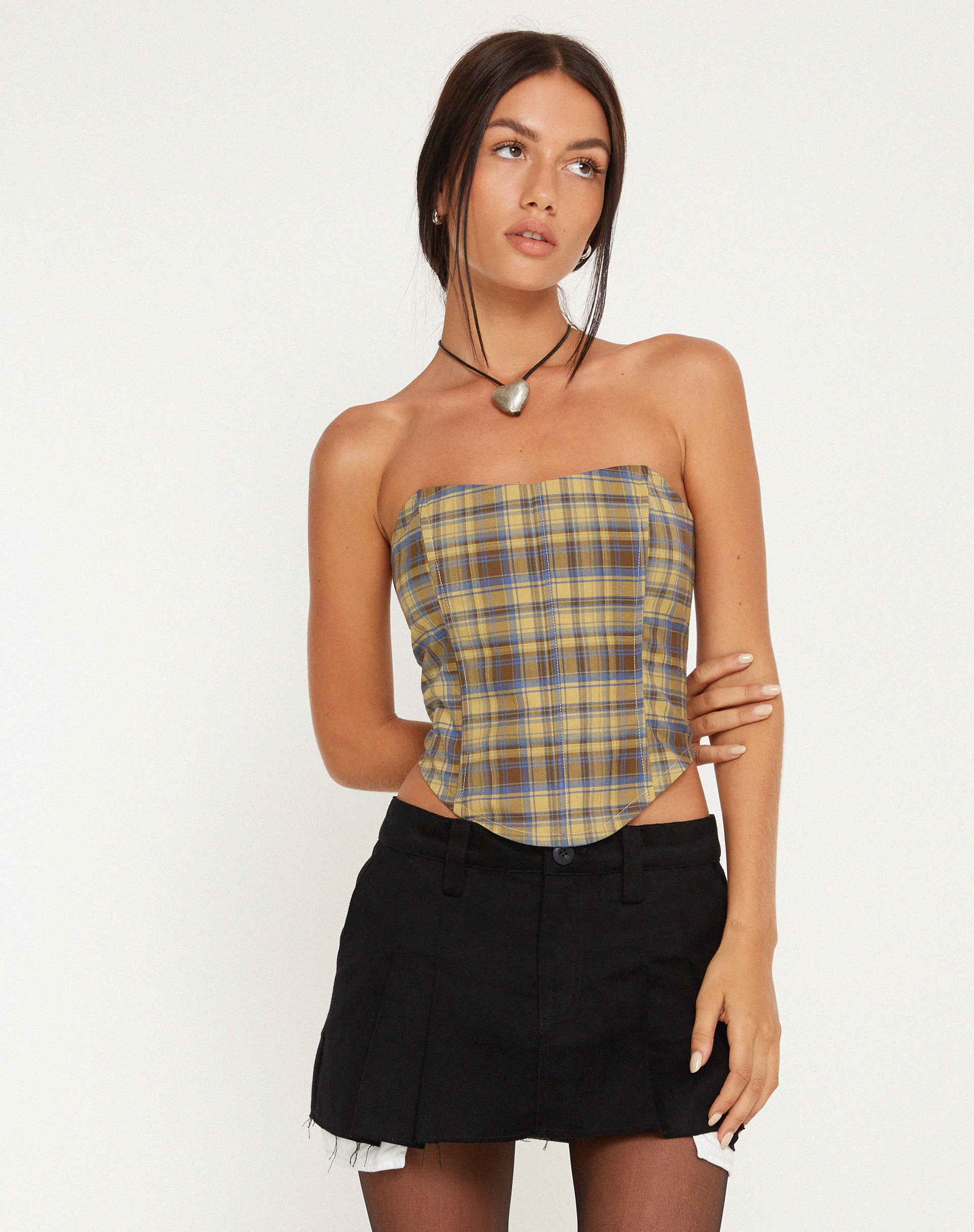 Kayashi Corset Top in Blue Yellow Check - Image 2