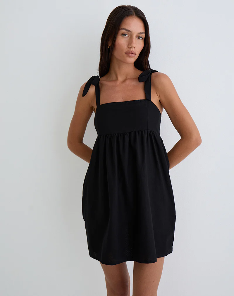 Kayla Square Neck Mini Dress in Linen Black - Image 4