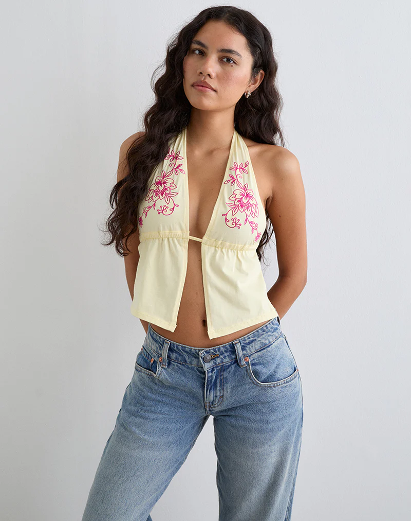 Kayria Tie Top in Lemon with Floral Pink Embroidery - Image 2