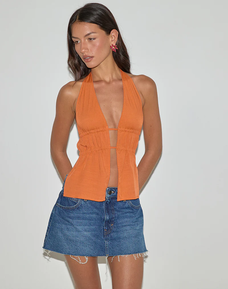 Kaytia Halterneck Top in Double Tie Sunset Orange - Image 3