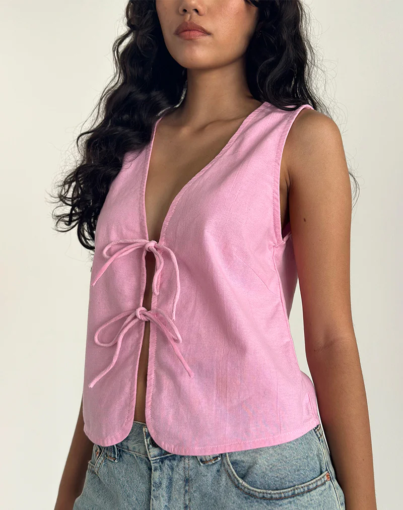Kayve Tie Front Top in Flamingo Pink - Image 2