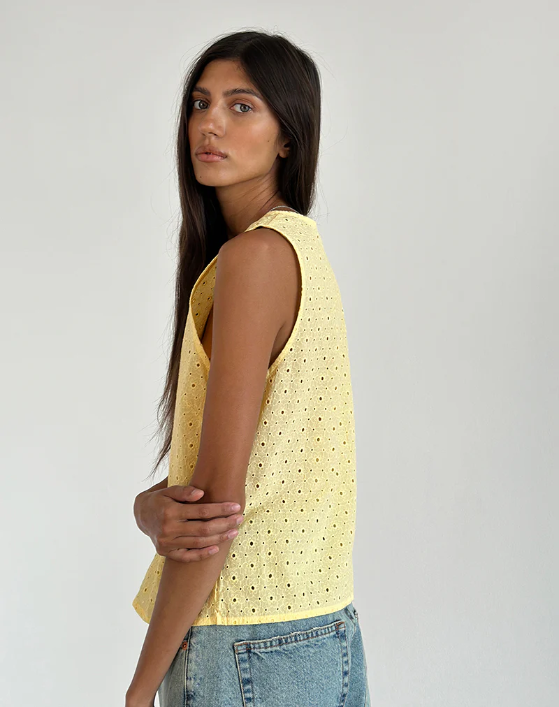 Kayve Tie Front Top in Broderie Yellow - Image 3