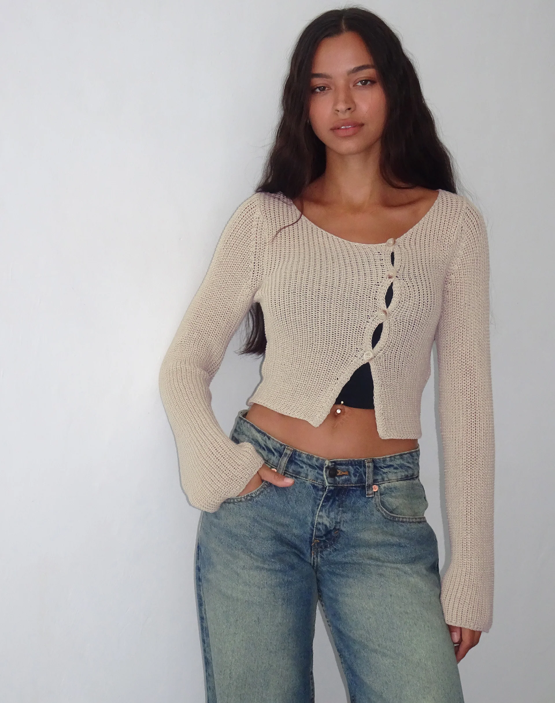Kazayo Long Sleeve Knit Top in Natural - Image 2