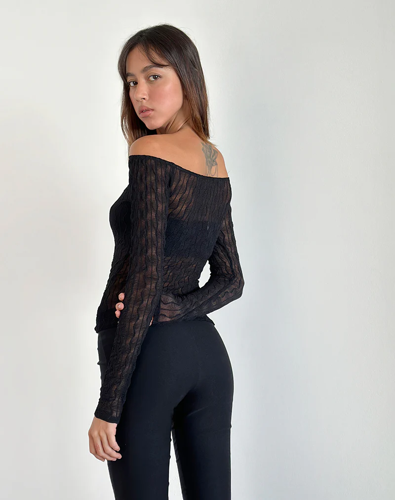 Kazi Bardot Top in Crinkle Black - Image 4
