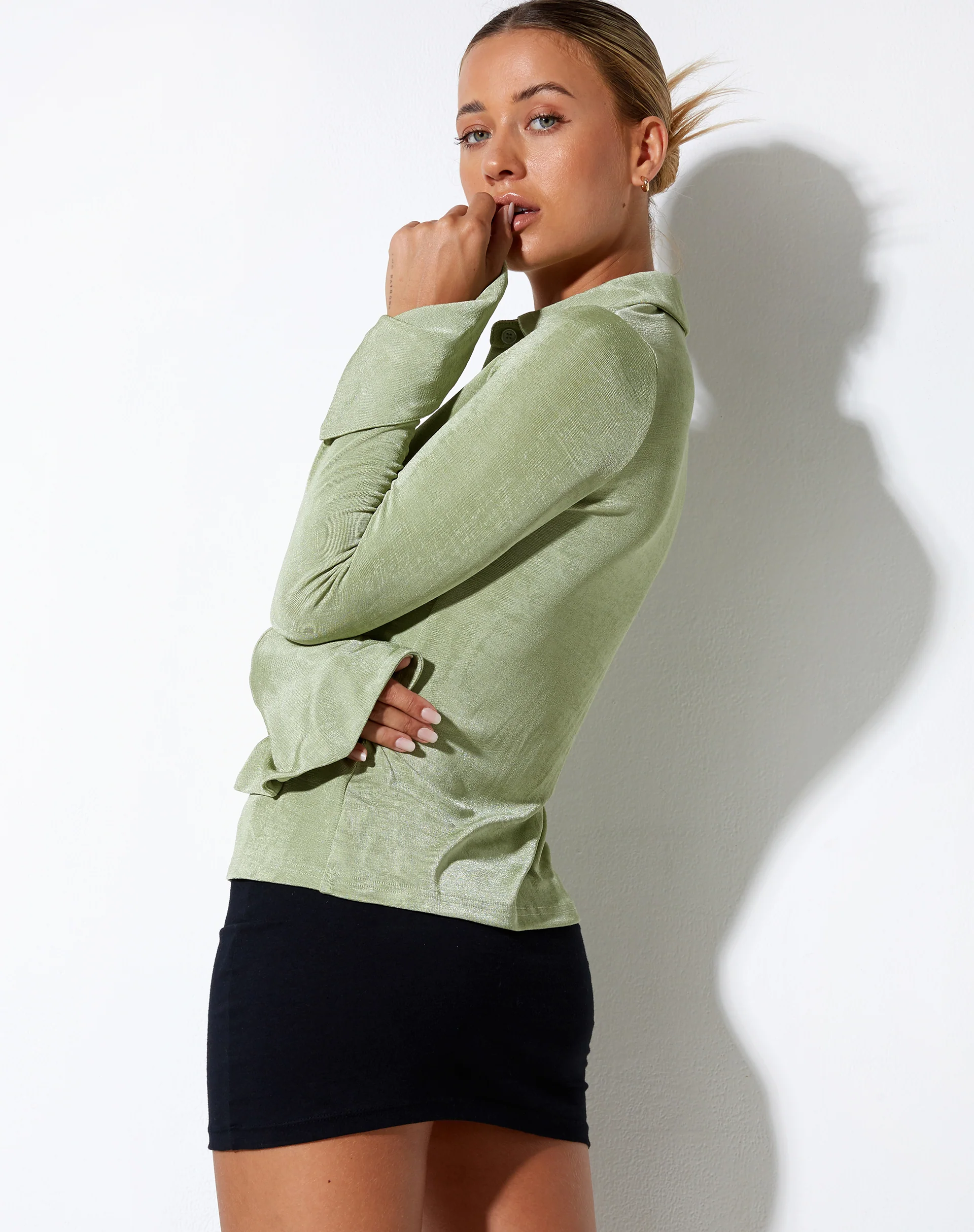 Keani Long Sleeve Shirt in Crepe Seafoam Green - Image 2