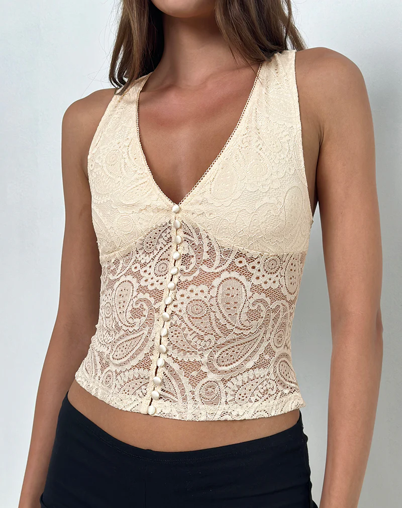 Kefira Plunge Neck Top in Lace Cream - Image 2