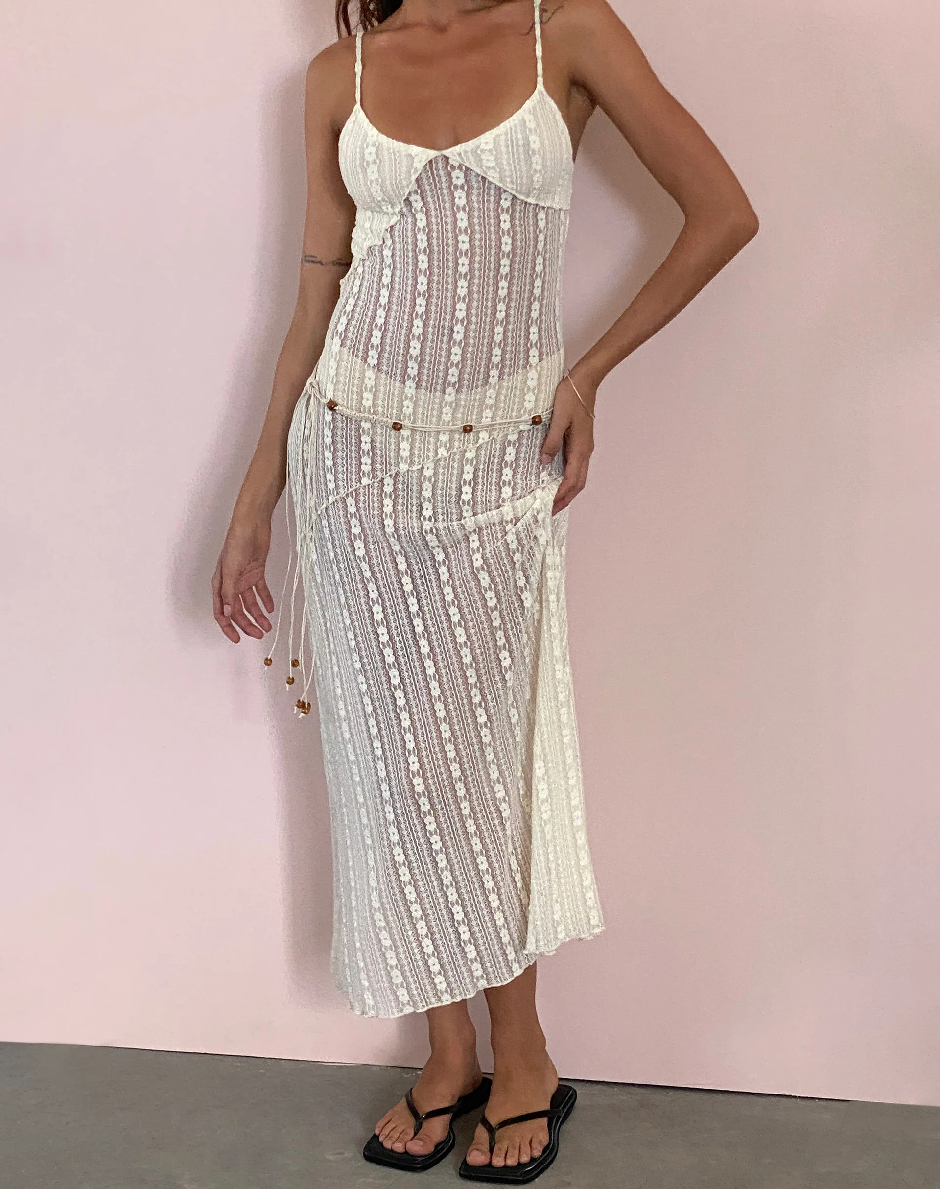 Kehlani Sheer Midi Dress in Cream Lace - Image 2