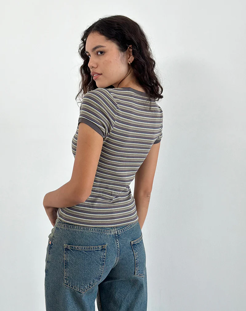 Keiko Top in Stripe Jersey Brown Army - Image 3