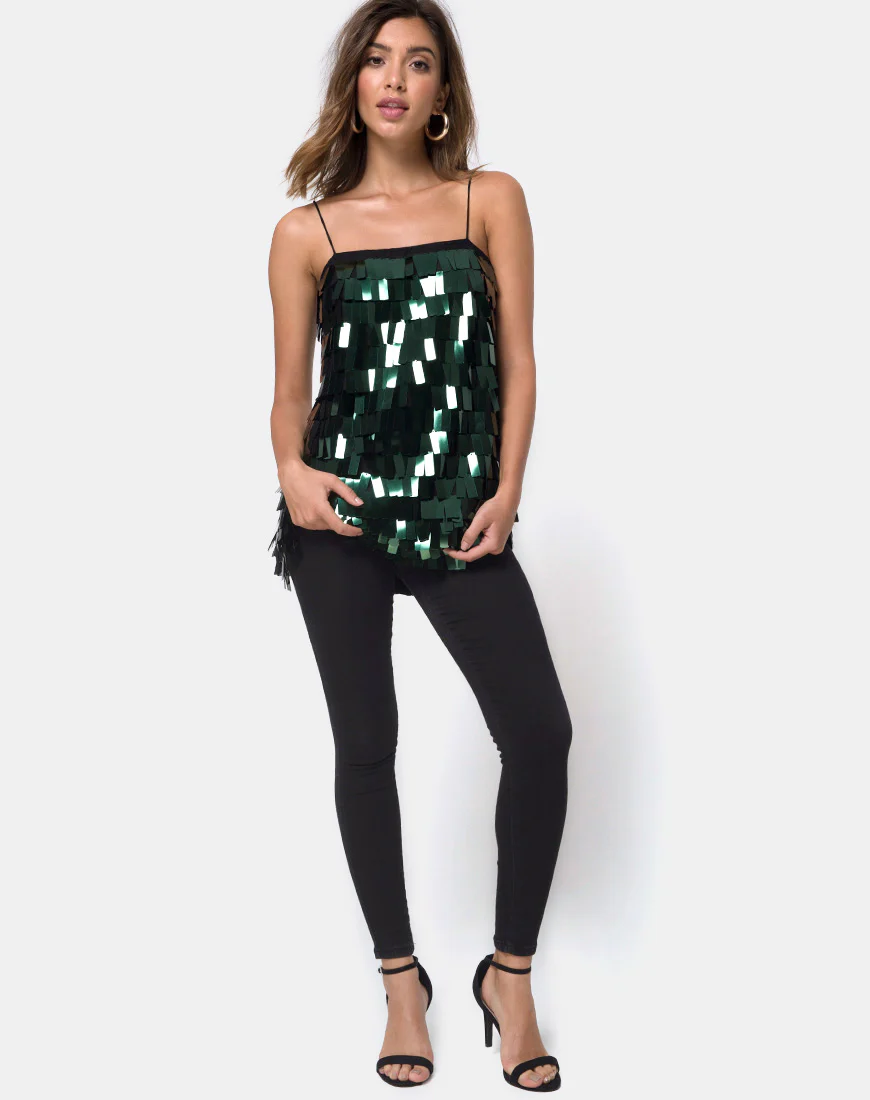 Keke Long Top in Dangle Sequin Forest Green - Image 3