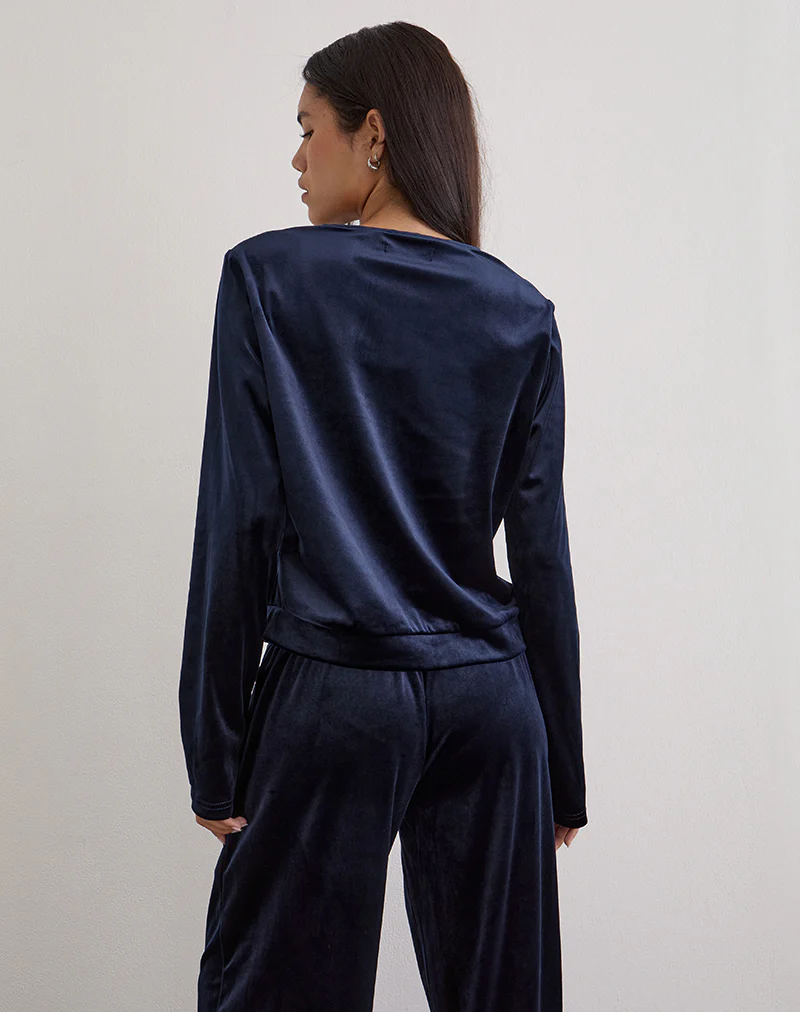 Kellen Button Up Cardigan in Velour Navy - Image 5