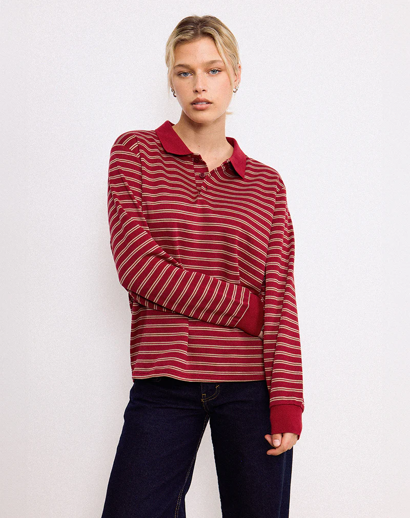 Kemillau Baggy Shirt in Burgundy with White Stripes - Image 4