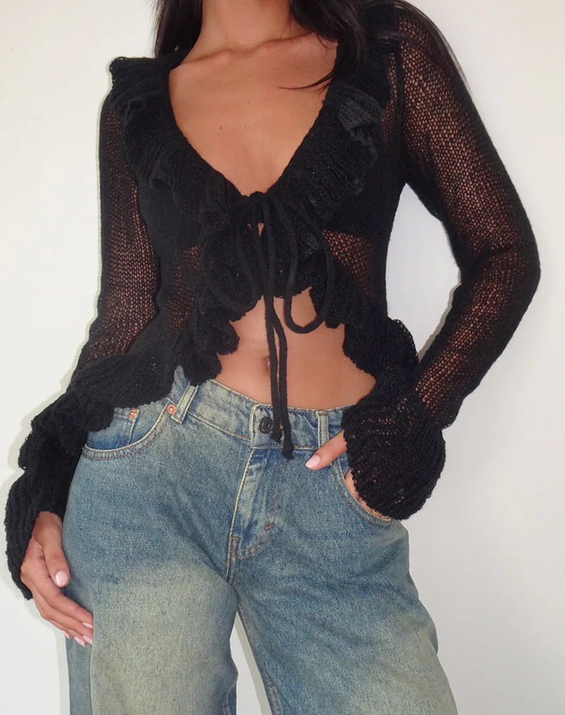 Kendra Ruffle Cardi in Black - Image 2