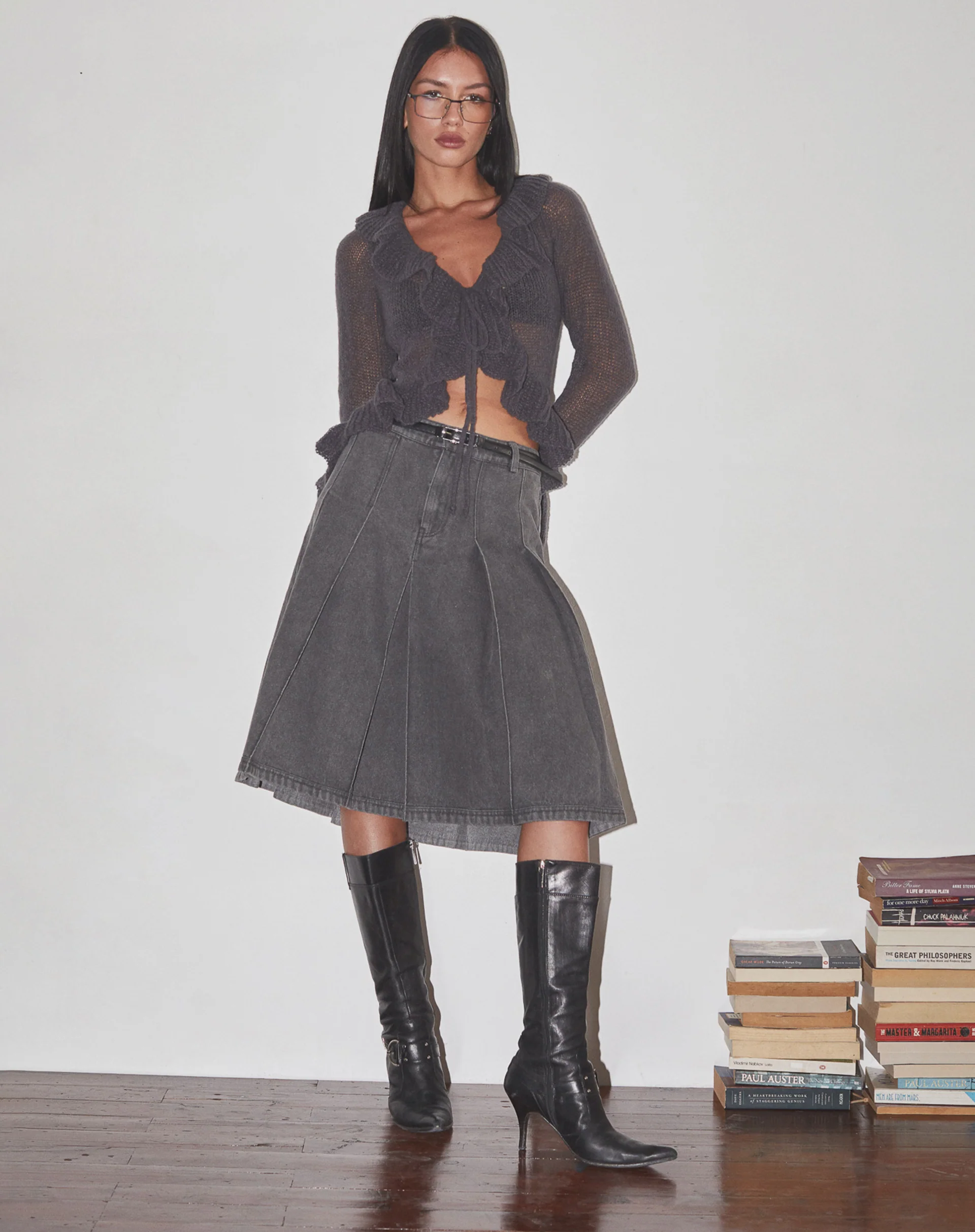 Kendra Ruffle Cardigan in Dark Charcoal Knit - Image 2