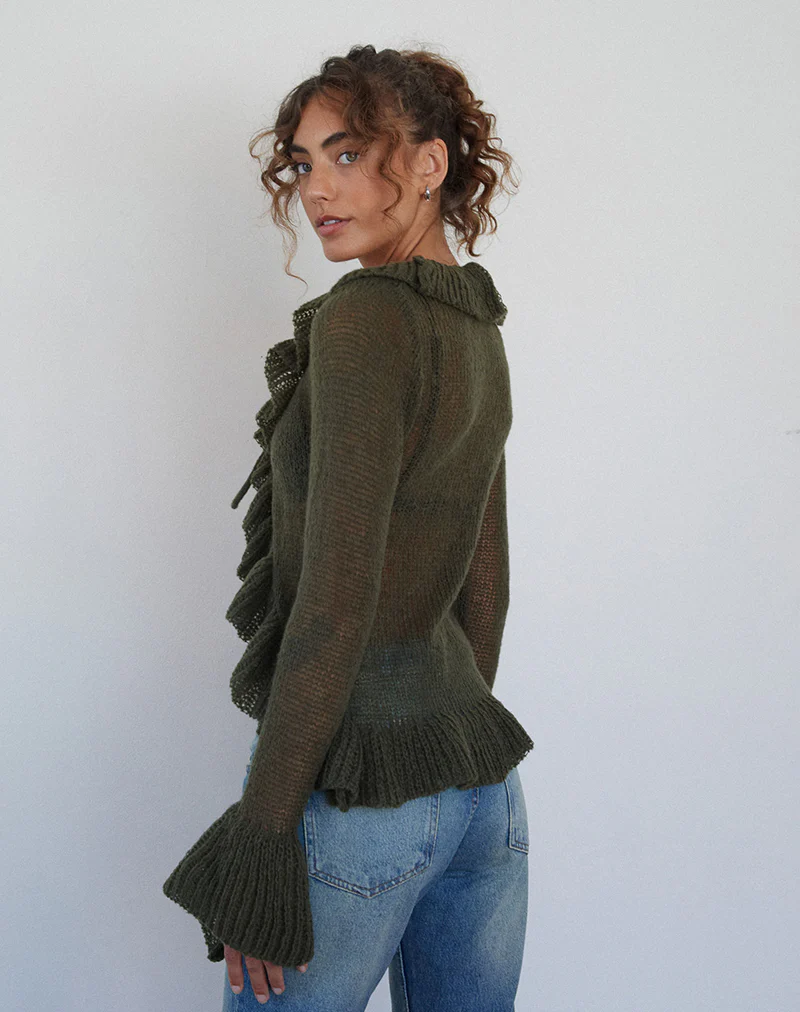 Kendra Ruffle Cardi in Khaki - Image 4