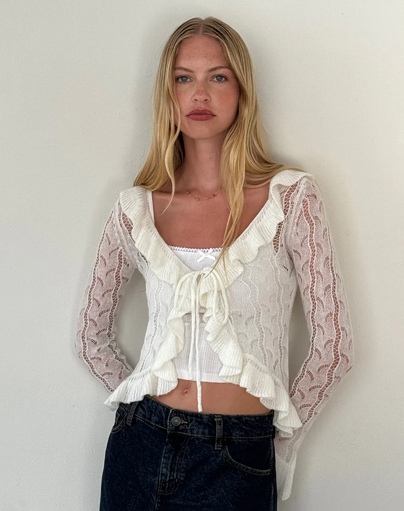 Kenira Cardigan in Pointelle Knit Birch Cream - Image 2