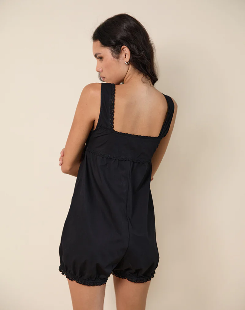 Kenna Babydoll Playsuit in Poplin Black - Image 3