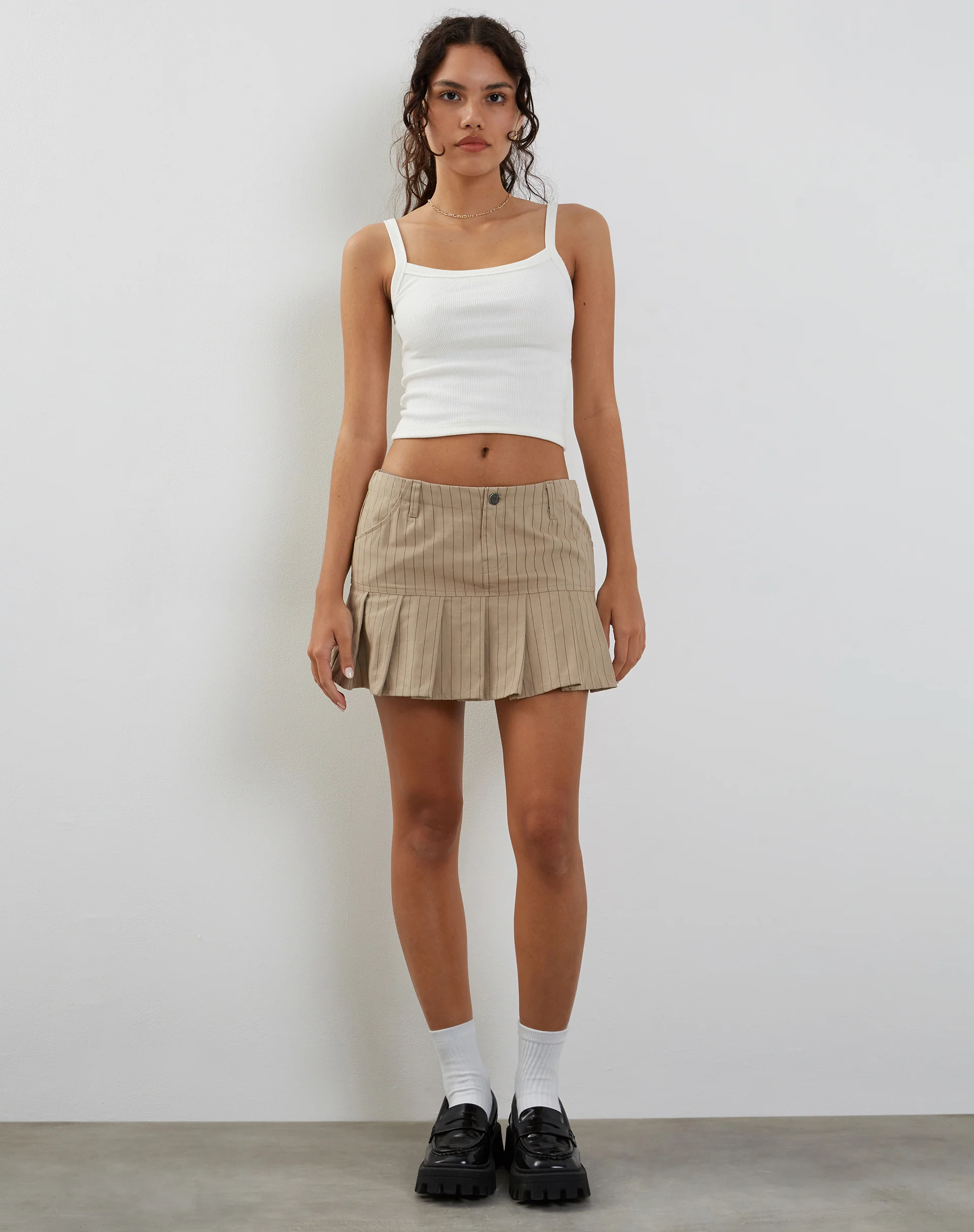 Keripa Low Rise Pleated Mini Skirt in Stone Pinstripe - Image 2