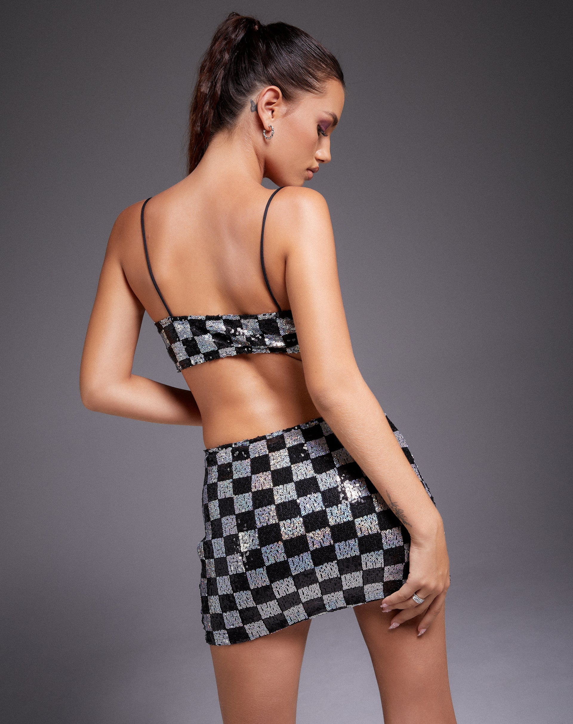 Keyan Tube Top in Checkerboard Sequin Black and Silver - Image 4