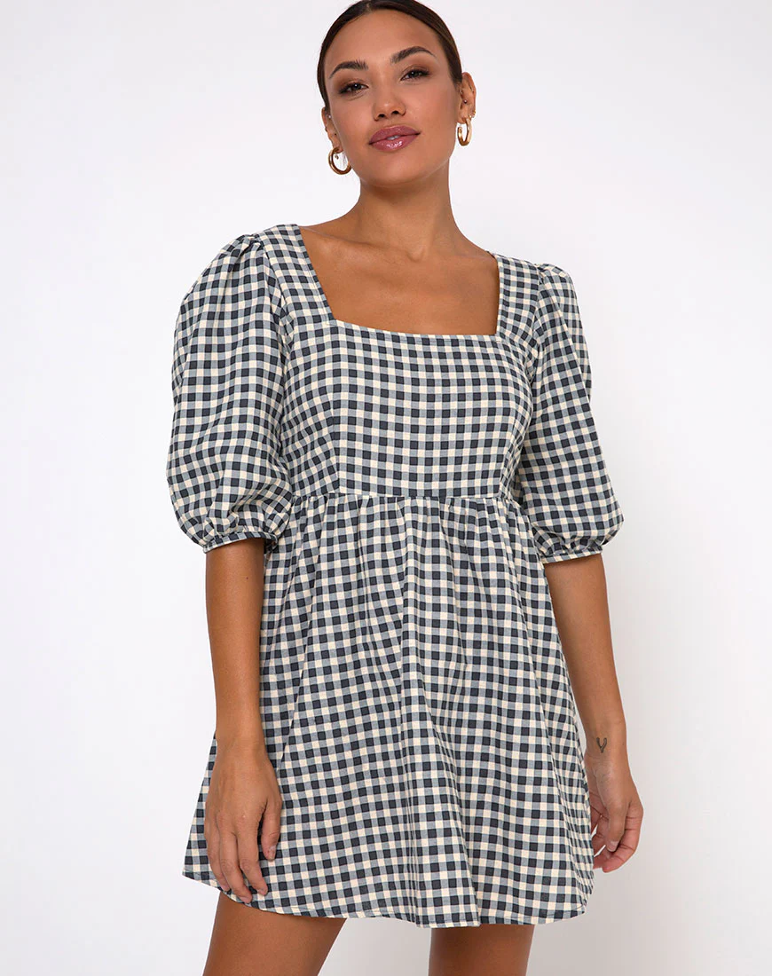 Kezie Skater Dress in Gingham Cream - Image 3
