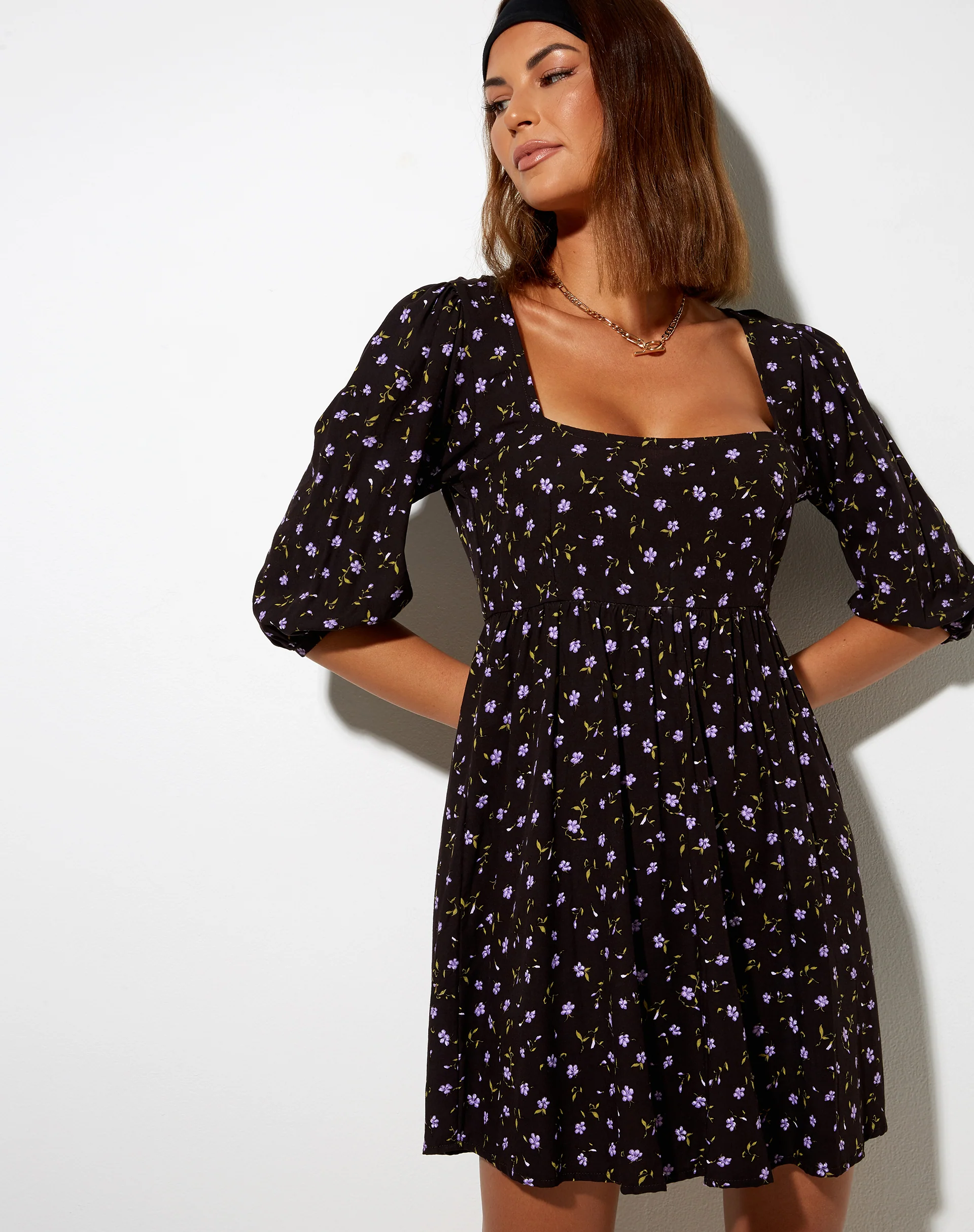 Kezie Skater Dress in Pretty Petal Coffee and Purple - Image 3