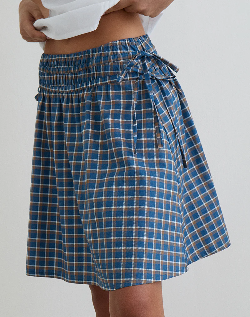 Khimar Gathered Midi Skirt in Medium Tartan Blue - Image 4