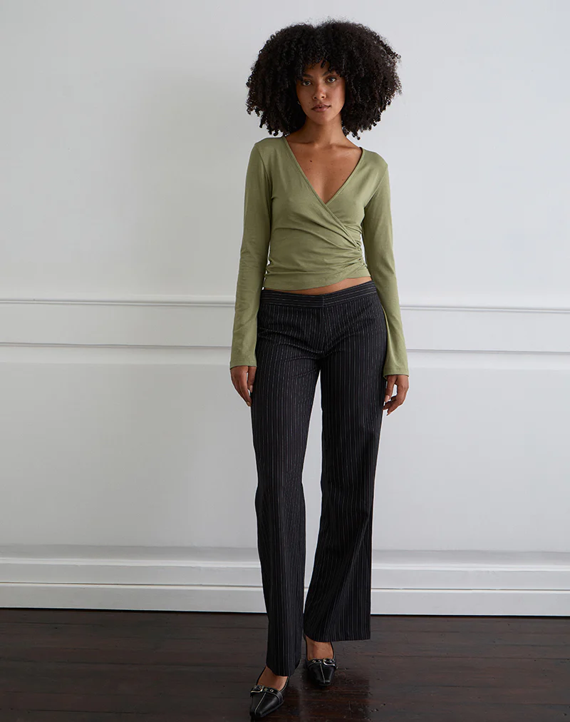 Kien Long Sleeve Wrap Top in Olive - Image 2
