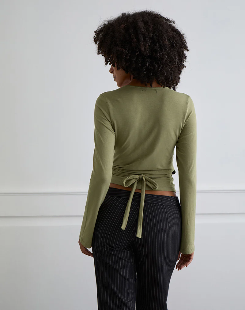 Kien Long Sleeve Wrap Top in Olive - Image 3