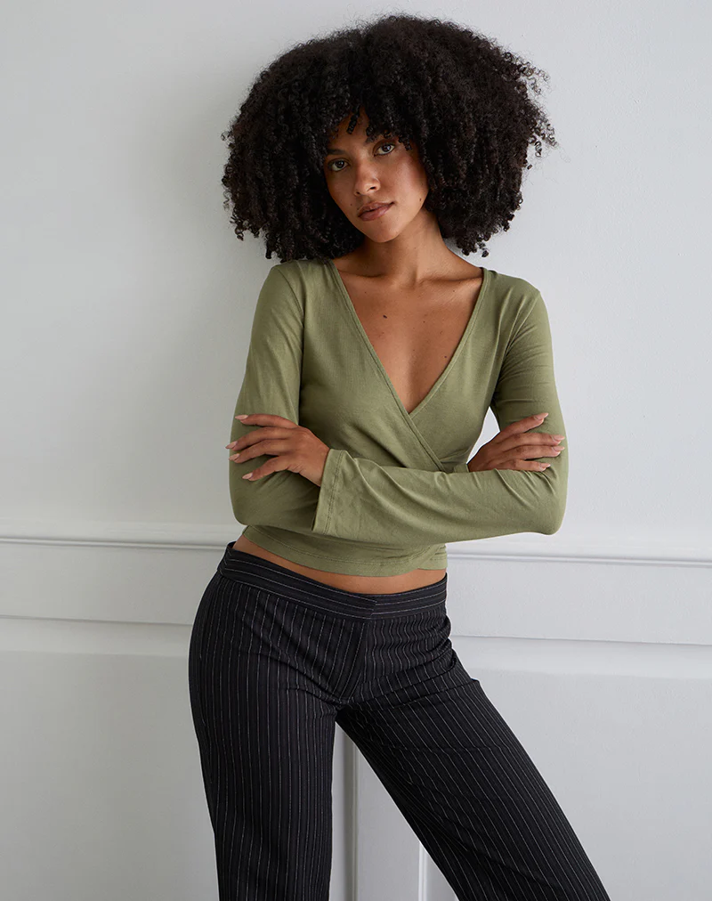 Kien Long Sleeve Wrap Top in Olive - Image 4