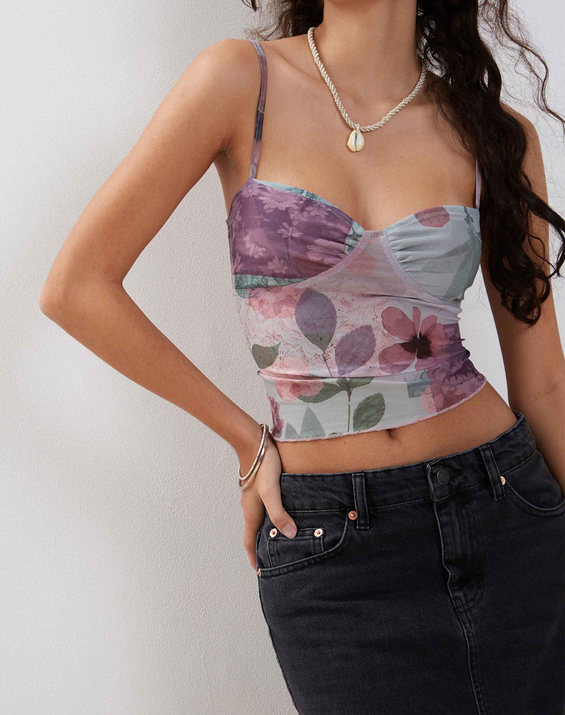 Kikan Cropped Mesh Cami in Abstract Scrapbook - Image 4