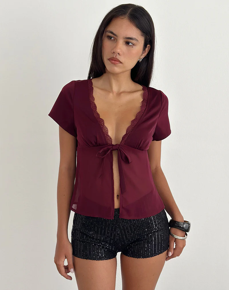 Kilu Top in Satin Chiffon Burgundy - Image 4