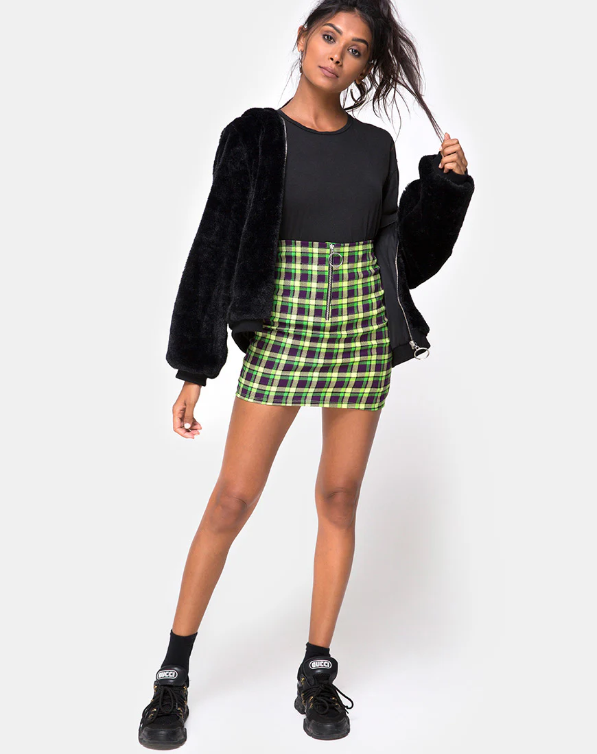 Kimber Bodycon skirt in Green and Purple Check - Image 3