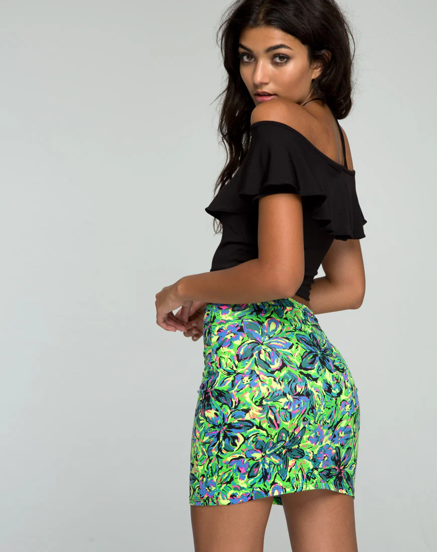 Kimmy Bodycon Skirt in Fluro Flower Citrus - Image 2
