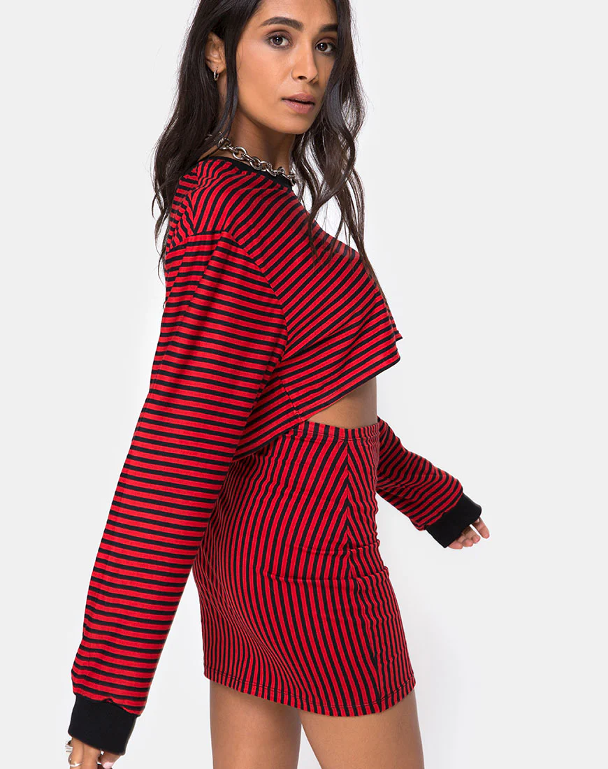 Kimmy Bodycon Skirt in Mini Stripe Red and Black - Image 2