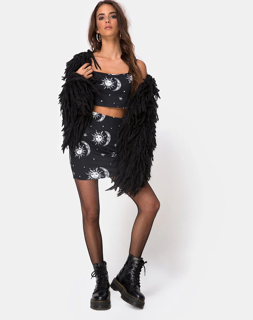 Kimmy Bodycon Skirt in Sun Moon Stars BW - Image 3