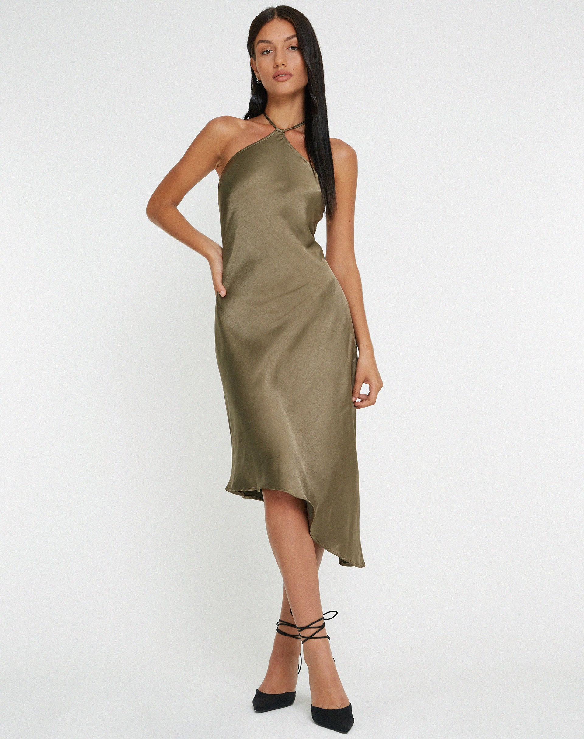 Kimora Midi Dress in Satin Dark Olive - Image 3
