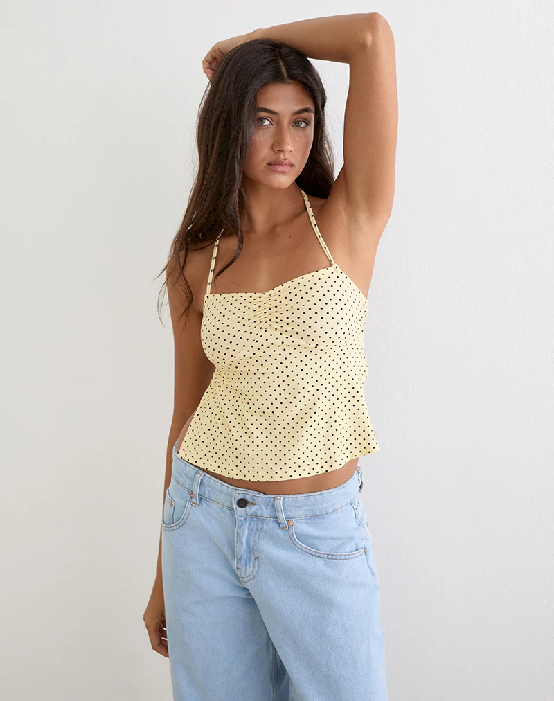 Kindos Halter Top in Butter Yellow with Micro Polka Dots - Image 2