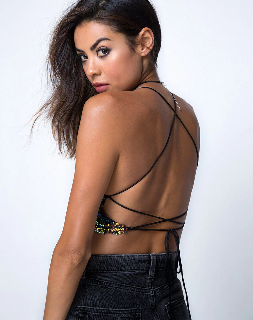Kingsley Crop Top in Fishcale Sequin Pink Oil - Image 2