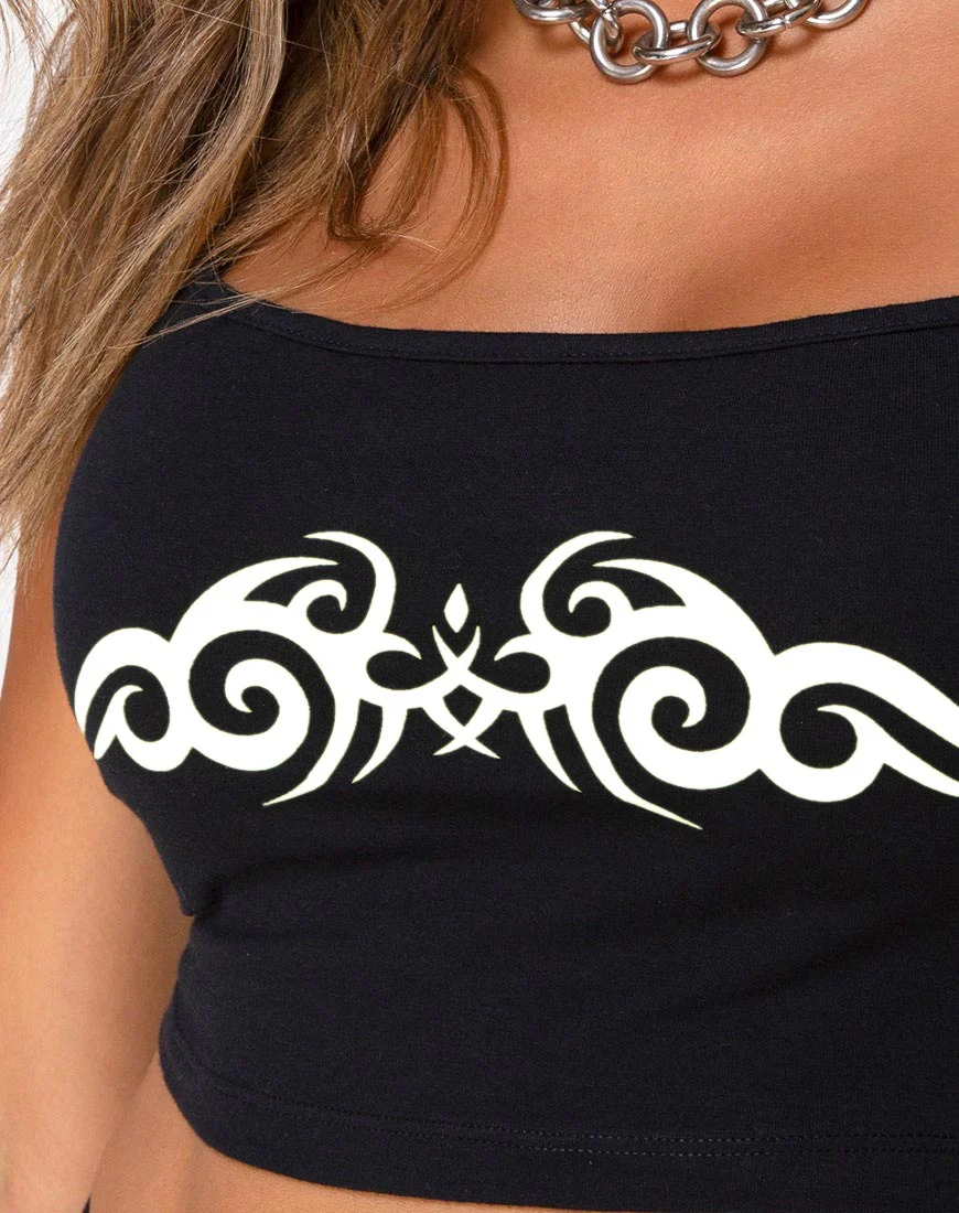 Kini Crop Top in Black with White Tribal Placement - Image 5
