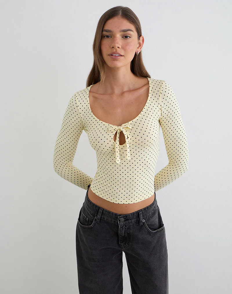 Kline Long Sleeve Tie Front Top in Rayon Jersey Micro Polka Cream