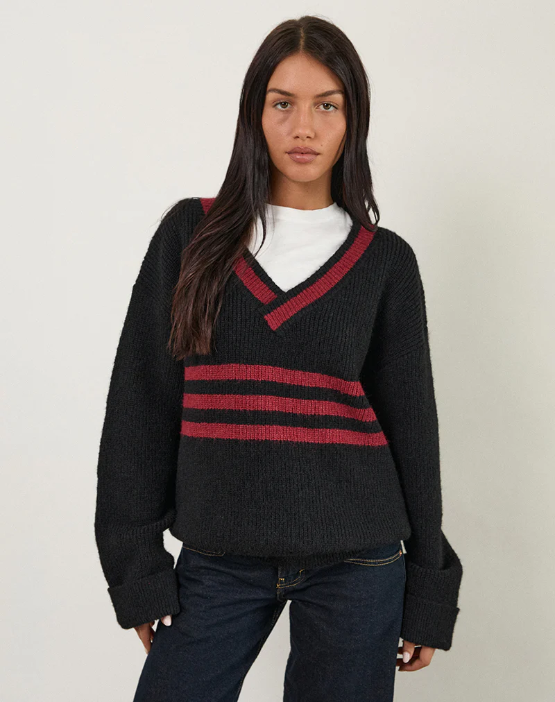 Knitza Jumper in Black with Red Stripes