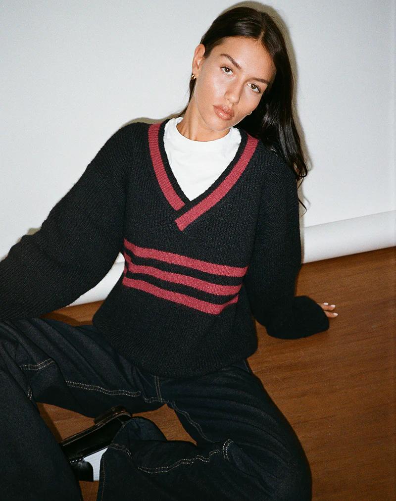 Knitza Jumper in Black with Red Stripes - Image 5