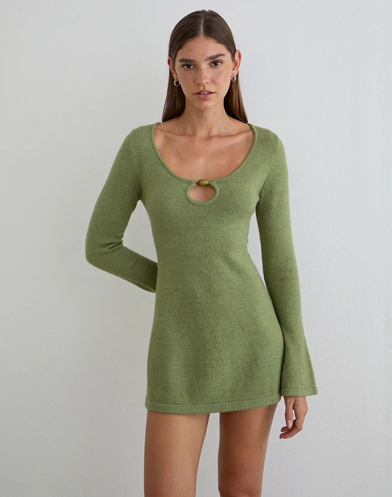 Kodia Mini Dress with Shell in Knit Olive - Image 3