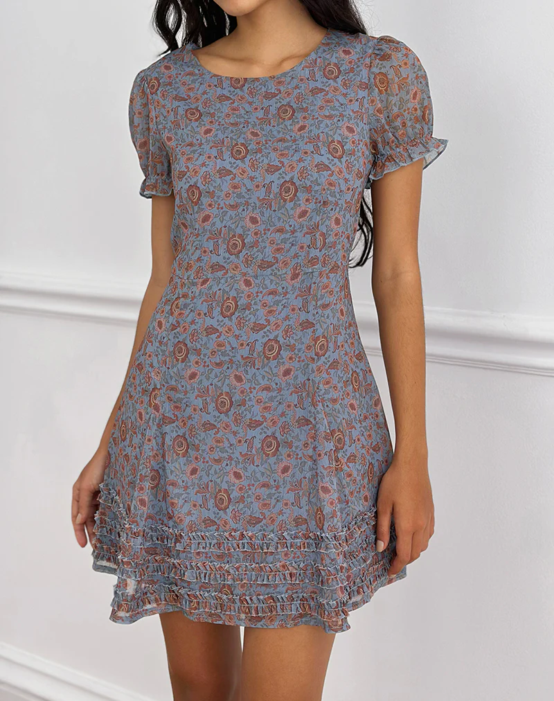 Koharu Mini Dress in Shadow Blossom Blue Chiffon - Image 2
