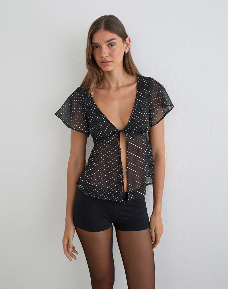 Kota Chiffon Blouse in Black with Micro Polka Print